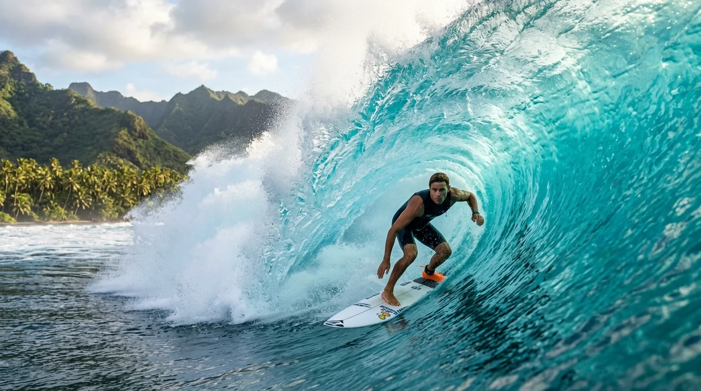 Male pro surfer riding inside ocean barrel