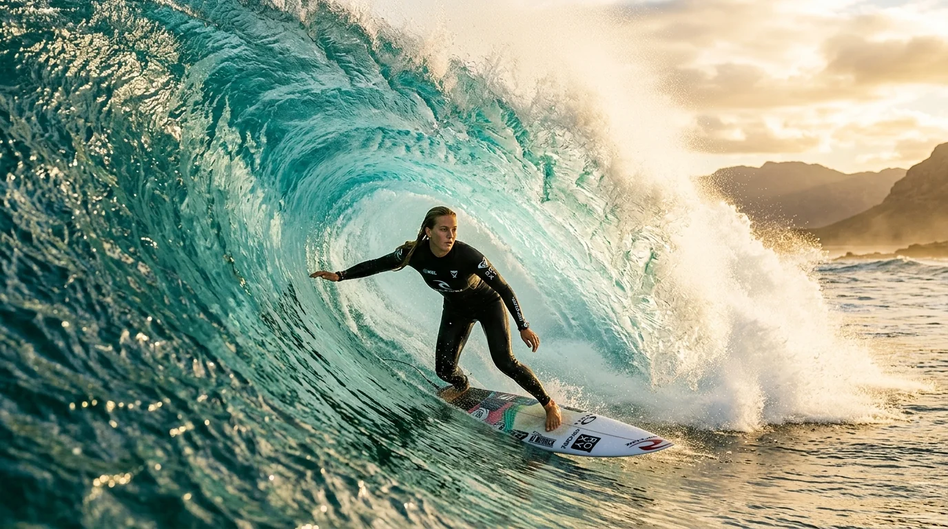 Female pro surfer riding inside turquoise barrel
