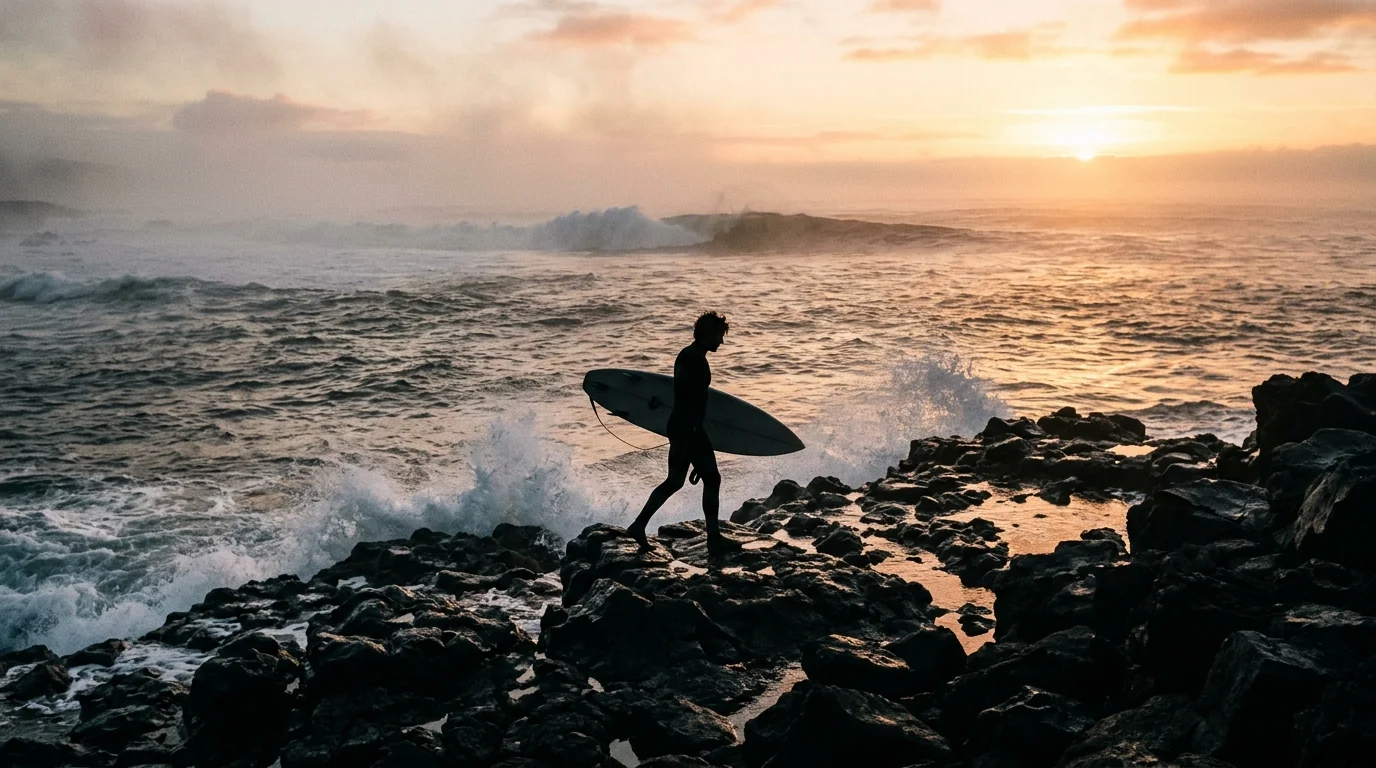 Surfer walking with board along rocky volcanic shore at sunrise