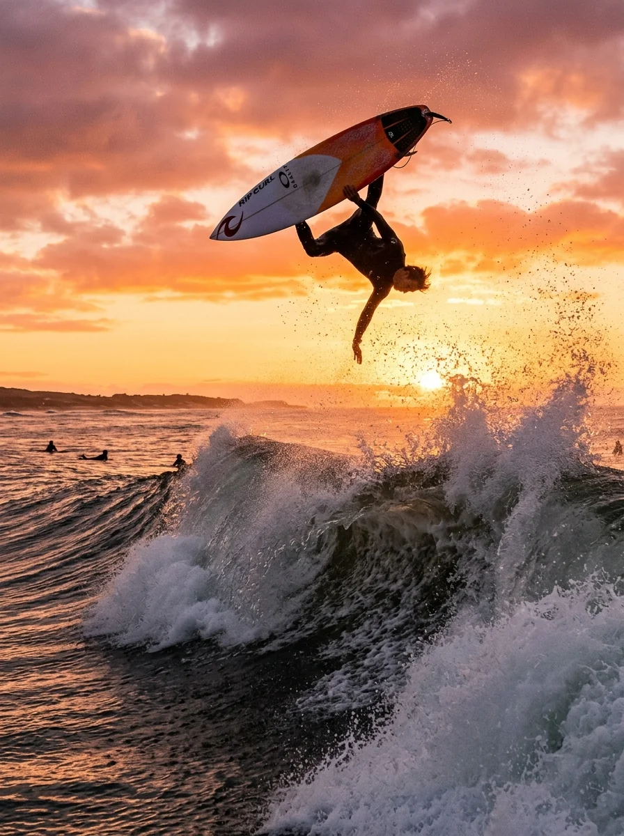 Sunset aerial surf maneuver