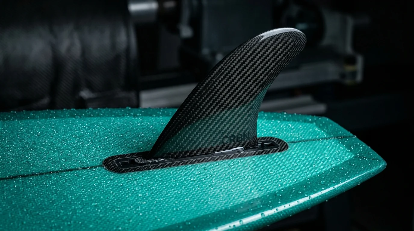 Macro detail of Wavalea precision fin box and teal resin tint